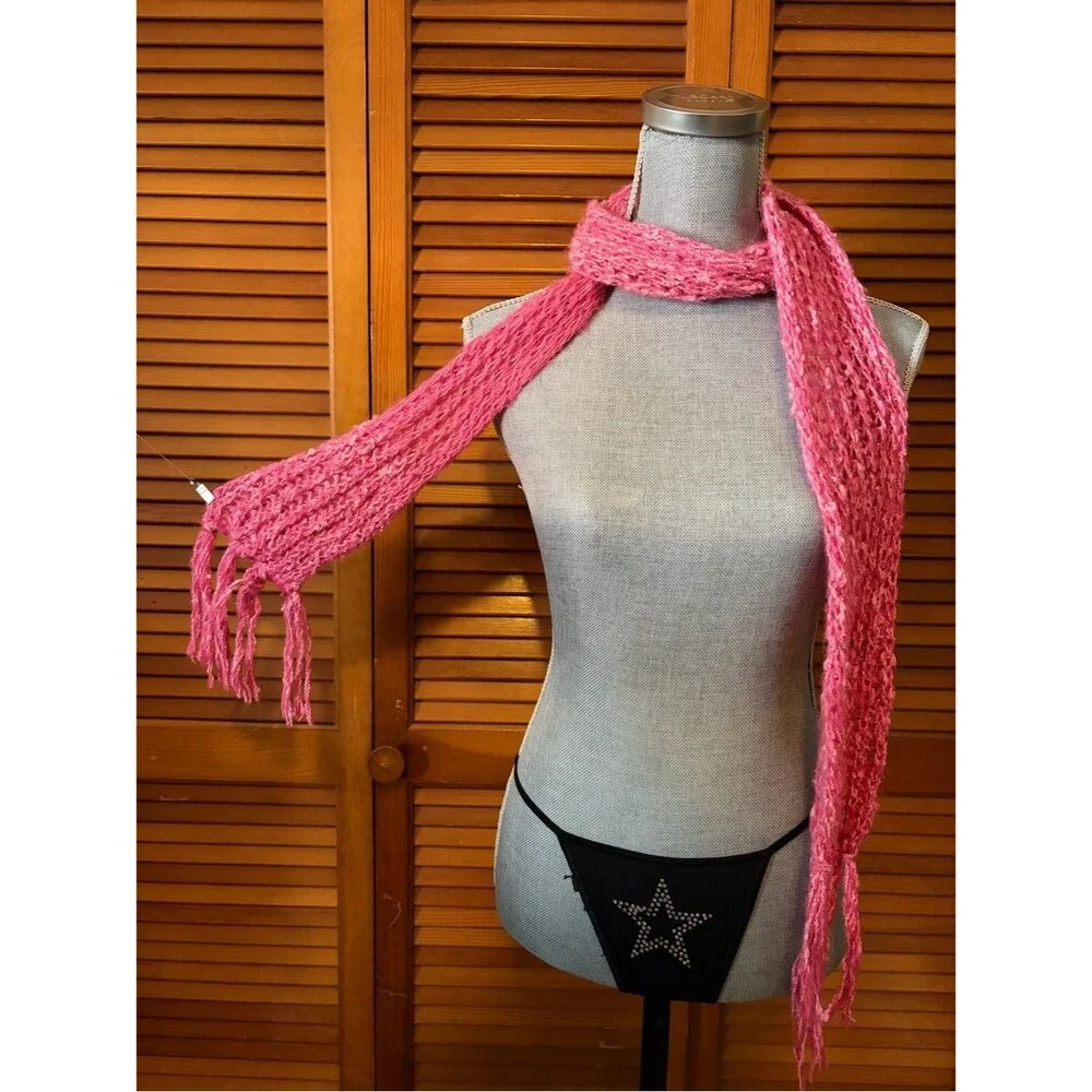 Vintage Crochet Hot Pink Skinny Scarf with Tassels